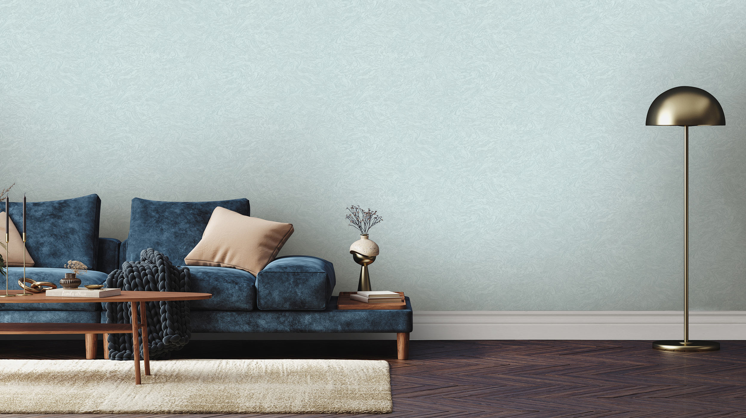 Design GRAIN Modernes Wohnzimmer, Grafische Tapete mit Marmoroptik in Hellblau