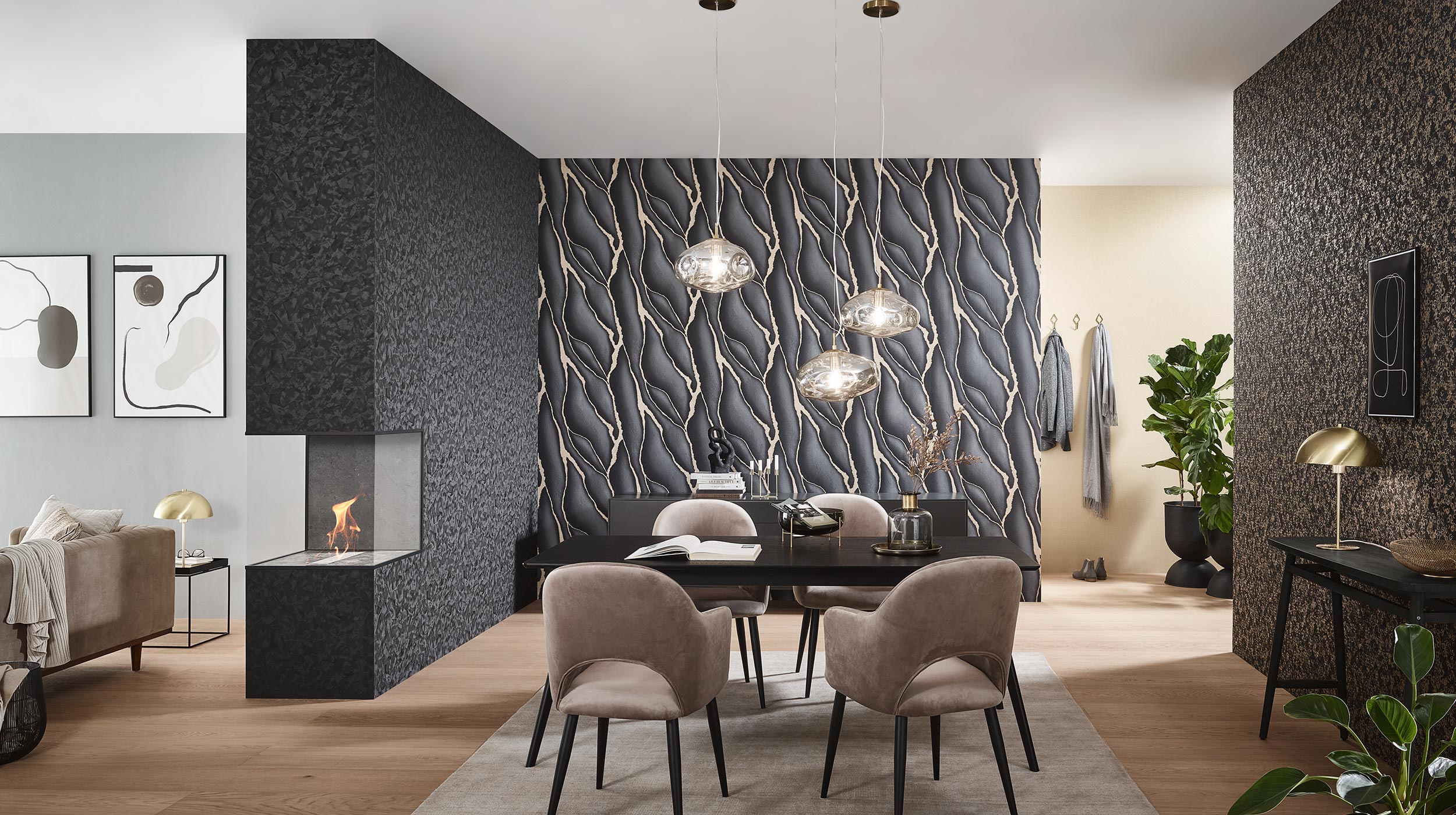 Design FLOW Modernes Esszimmer, Grafische Tapete in Schwarz und Gold Tönen