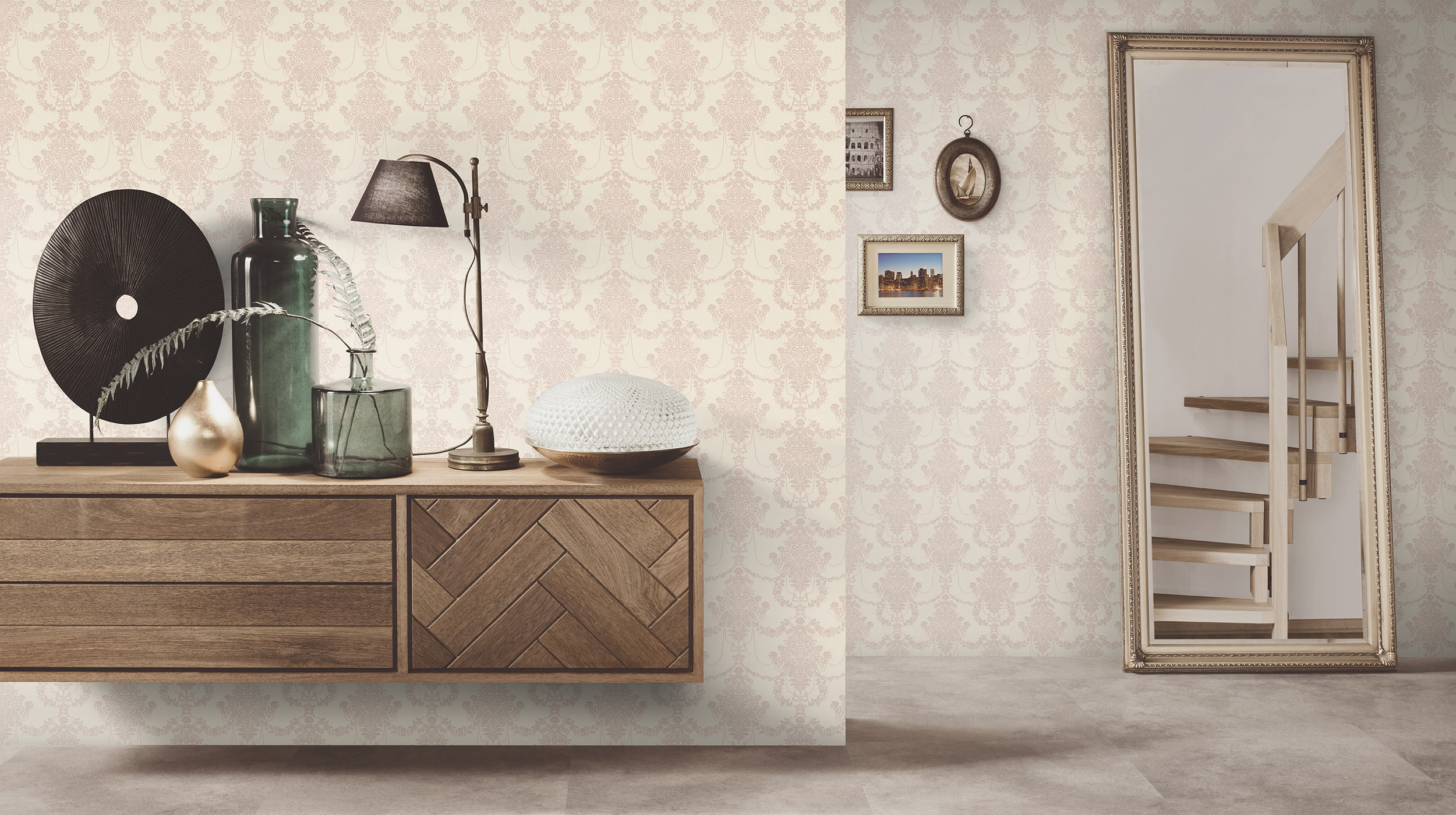 Design FELICITÈ Geometrische Tapete mit Ornament design in beige und rosa