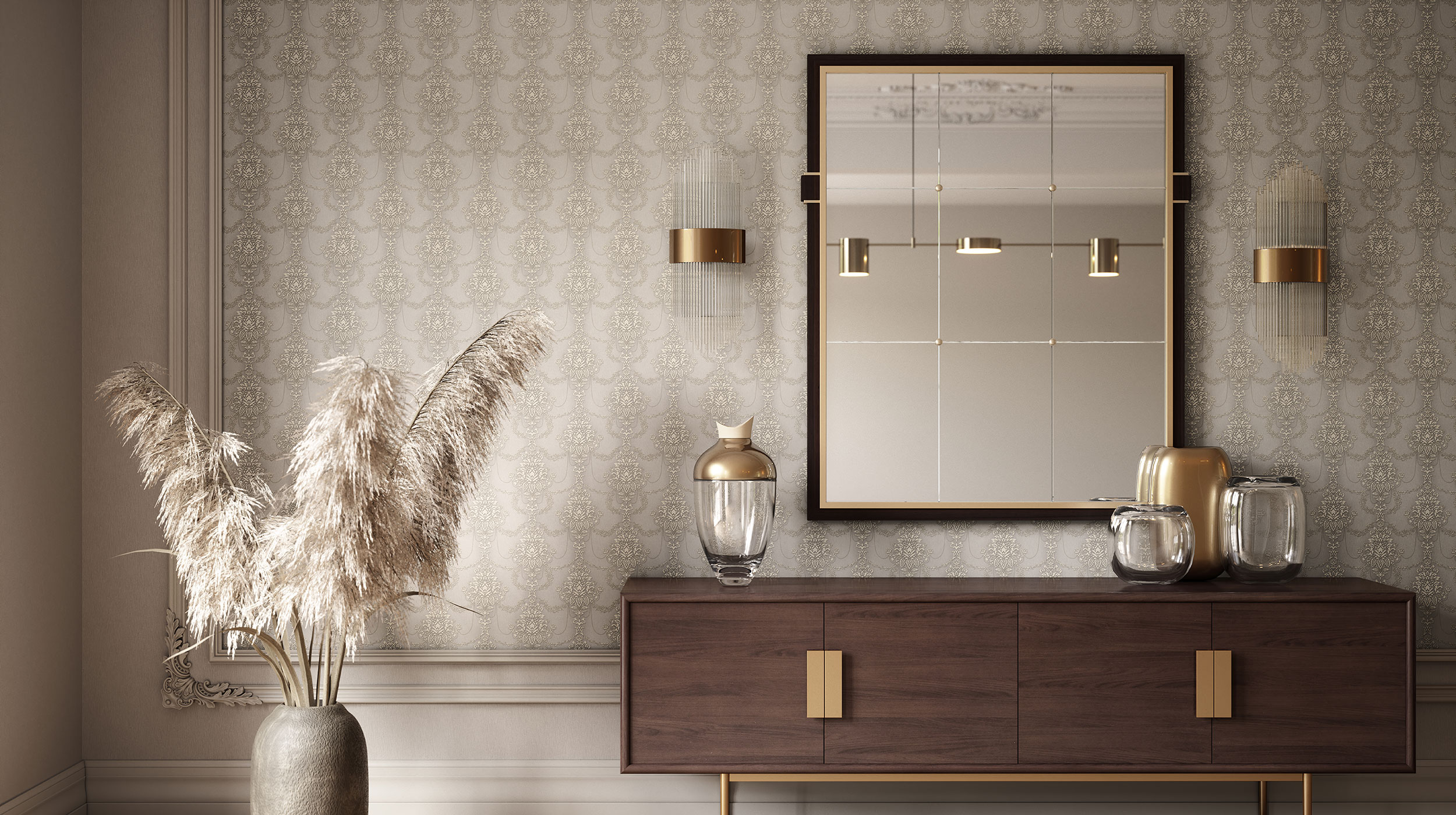 Design FELICITÈ Geometrische Tapete mit Ornamentdesign in grau und Silber Tönen