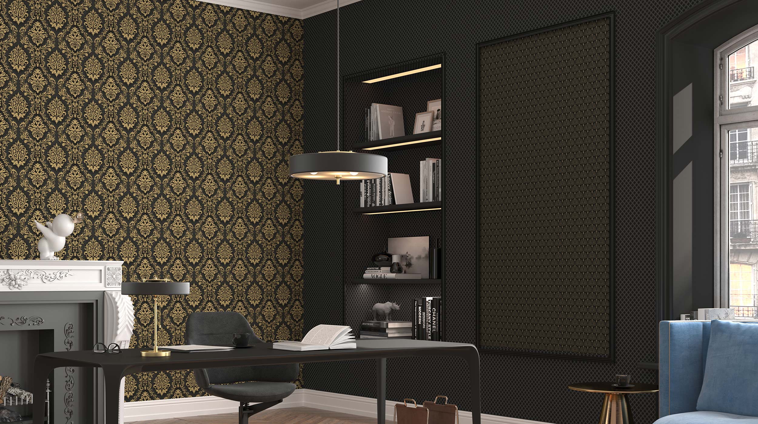 Design ROYAL Barocktapete mit Ornamentdesign in Schwarz und Gold