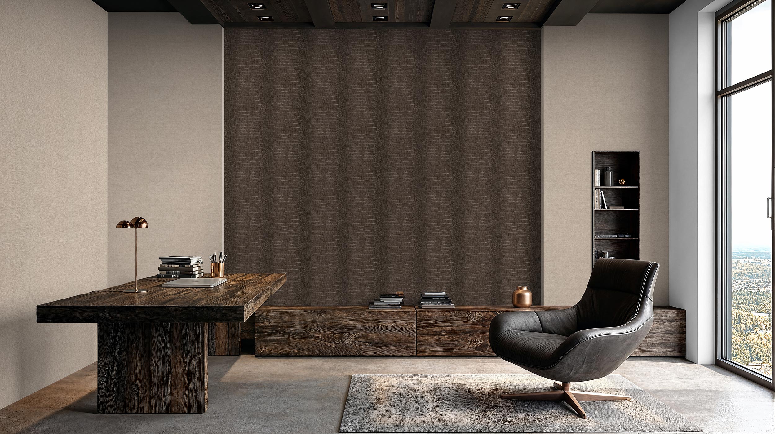 modernes Arbeitszimmer mit Vliestapete in dunklem braun in Kroko-Optik