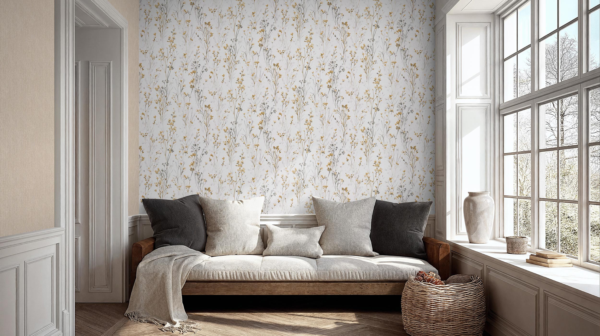 wohnraum in modernem Landhausstil, helles Sofa und Vliestapete mit zartem Gräsermotiv in Beige- und Gelbtönen