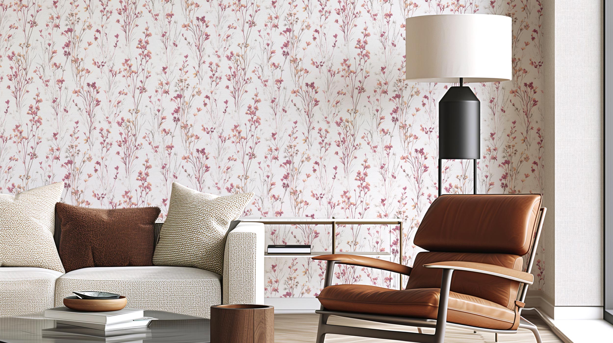 Modern Wohnraum, helles Sofa, Ledersessel und Vliestapete mit zartem Gräsermotiv in Rot- und Violetttönen