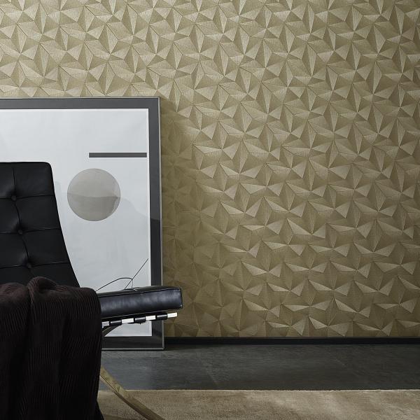 Vliestapete in Gold mit 3D-Effekt, schwarzer moderner Sessel
