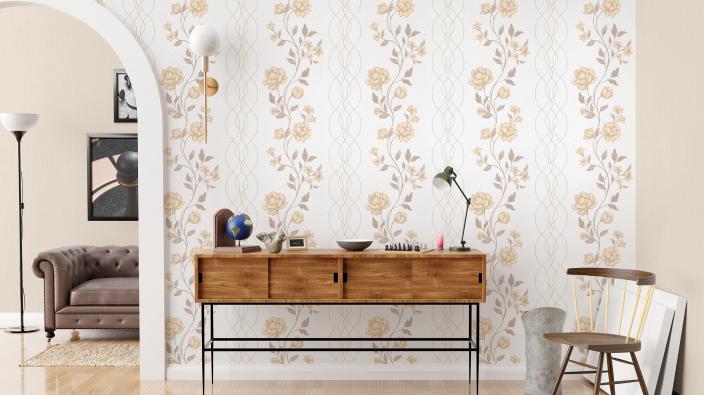 Vliestapete mit zartem Blütenpanel in hellen Cremetönen, moderner Flur mit Sideboard aus Holz