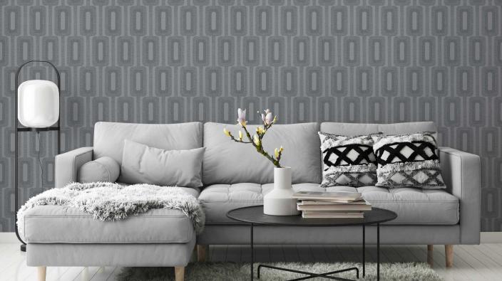 Vliestapete mit grauem grafischen Muster, Sofa grau