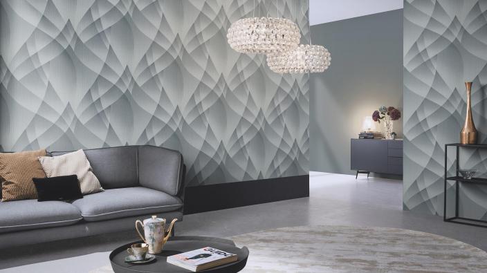 Moderne Vliestapten by Guido Maria Kretschmer, Wohnzimmer, silberfarbenes grafisches Motiv mit Metallic Effekten