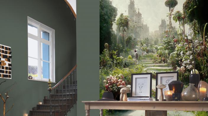 Flur mit Treppe nach oben, Sideboard aus Holz und Fototapete mit einer magischen Gartenlandschaft