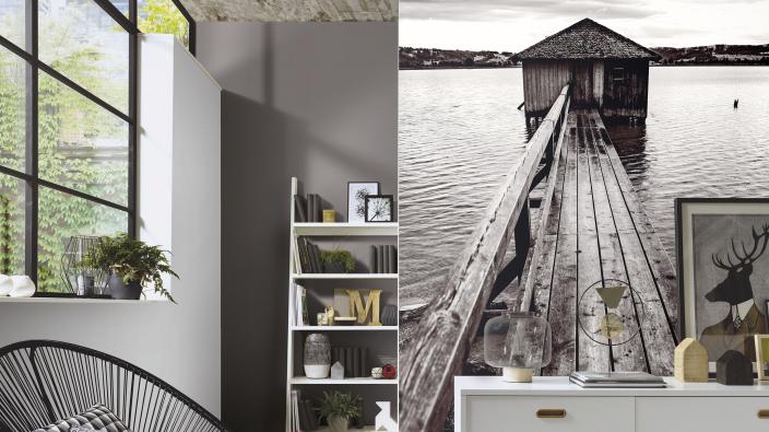 Wohnzimmer mit Sideboard und schwarz-weiss Fototapete mit Bootshaus und Steg