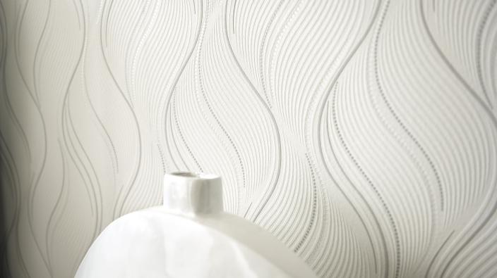 Wall design bedroom, white non-woven wallpaper with wave pattern