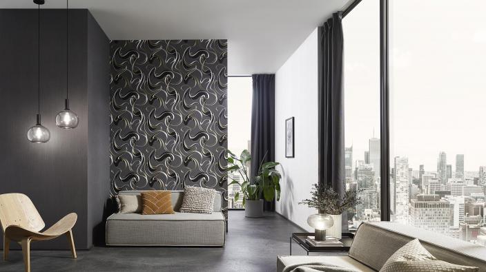 Modernes Wohnzimmer in schwarz-silber, Vliestapete mit mit grafischem Schlingenmuster