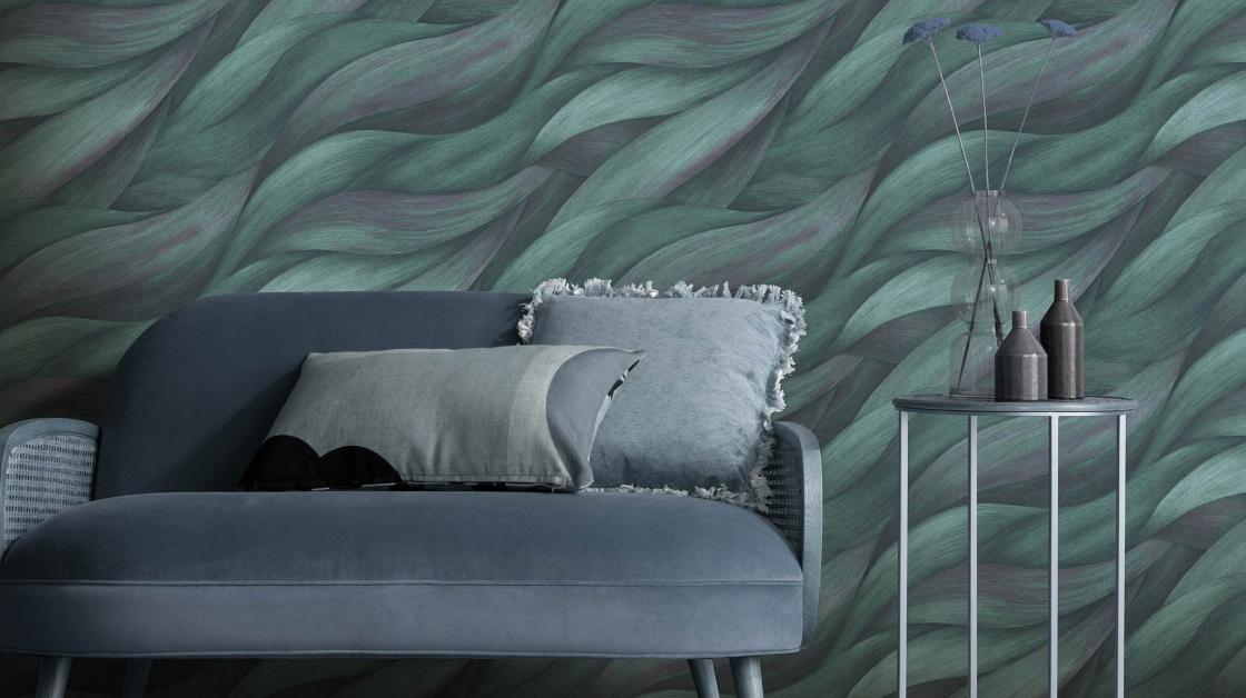 Wohnzimmer Wandgestaltung mit Vliestapete, Wellen-Motiv Stormy in Türkis