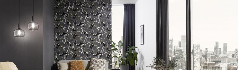 Modernes Wohnzimmer in schwarz-silber, Vliestapete mit mit grafischem Schlingenmuster