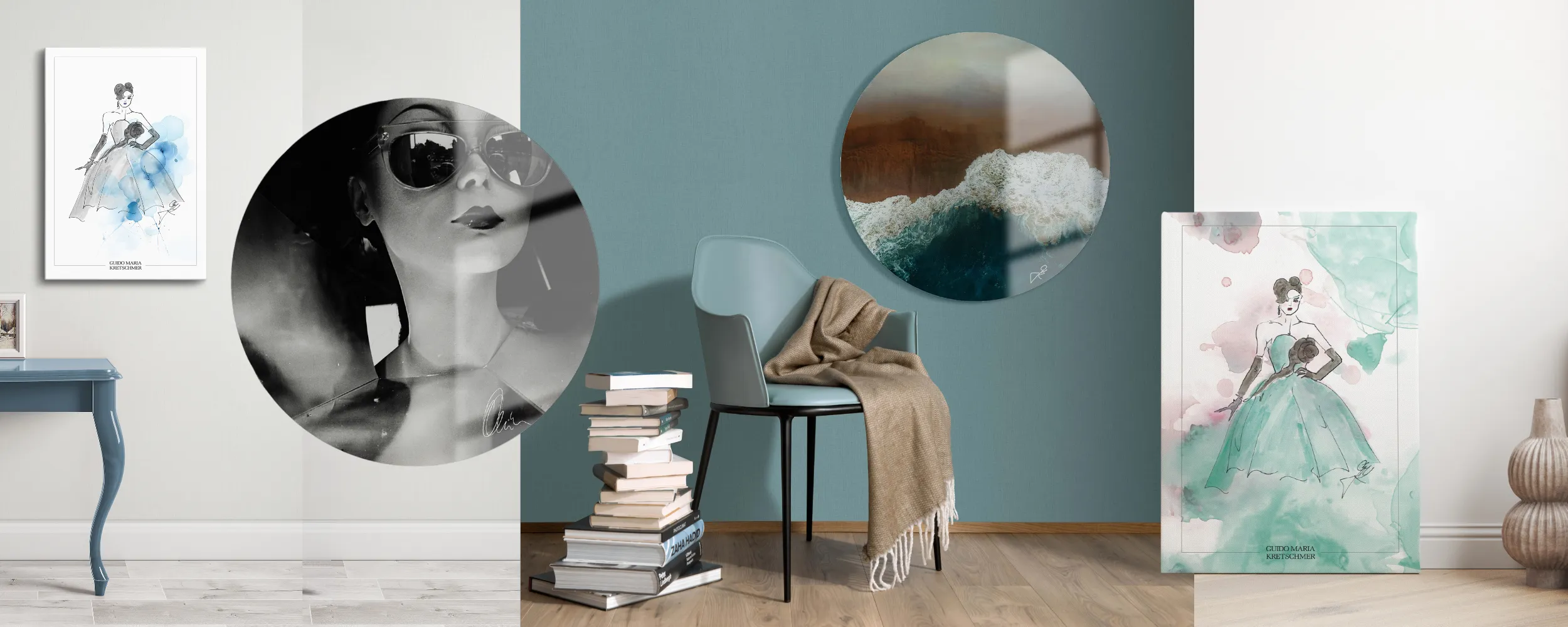 Glasbilder und Canvas in verschiedenen Räumen