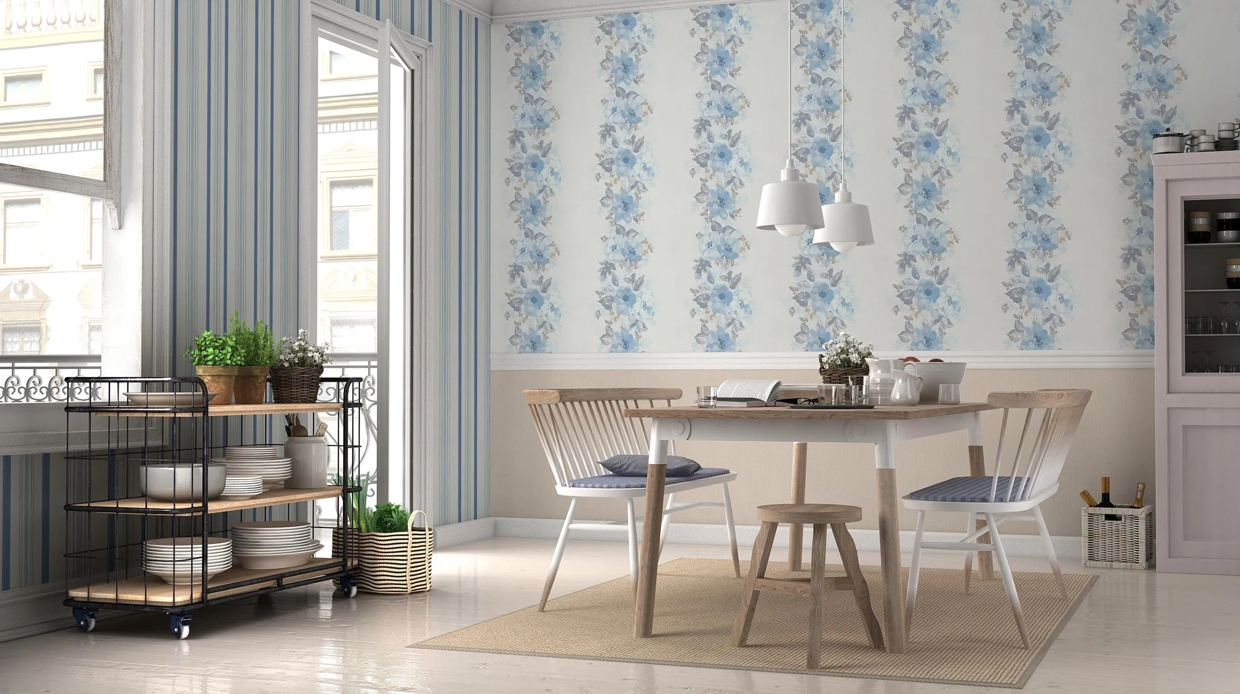 Wohnküche mit hellen Möbeln und blauer Blumentapete