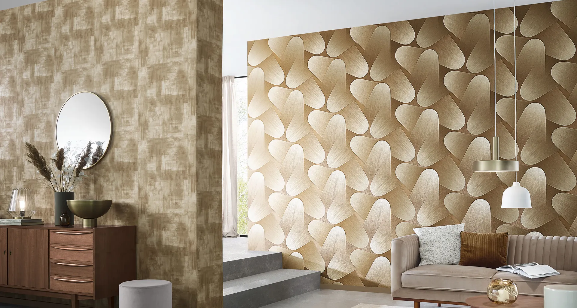 Grafische Tapete mit Metall Effekt in Gold, Champagner