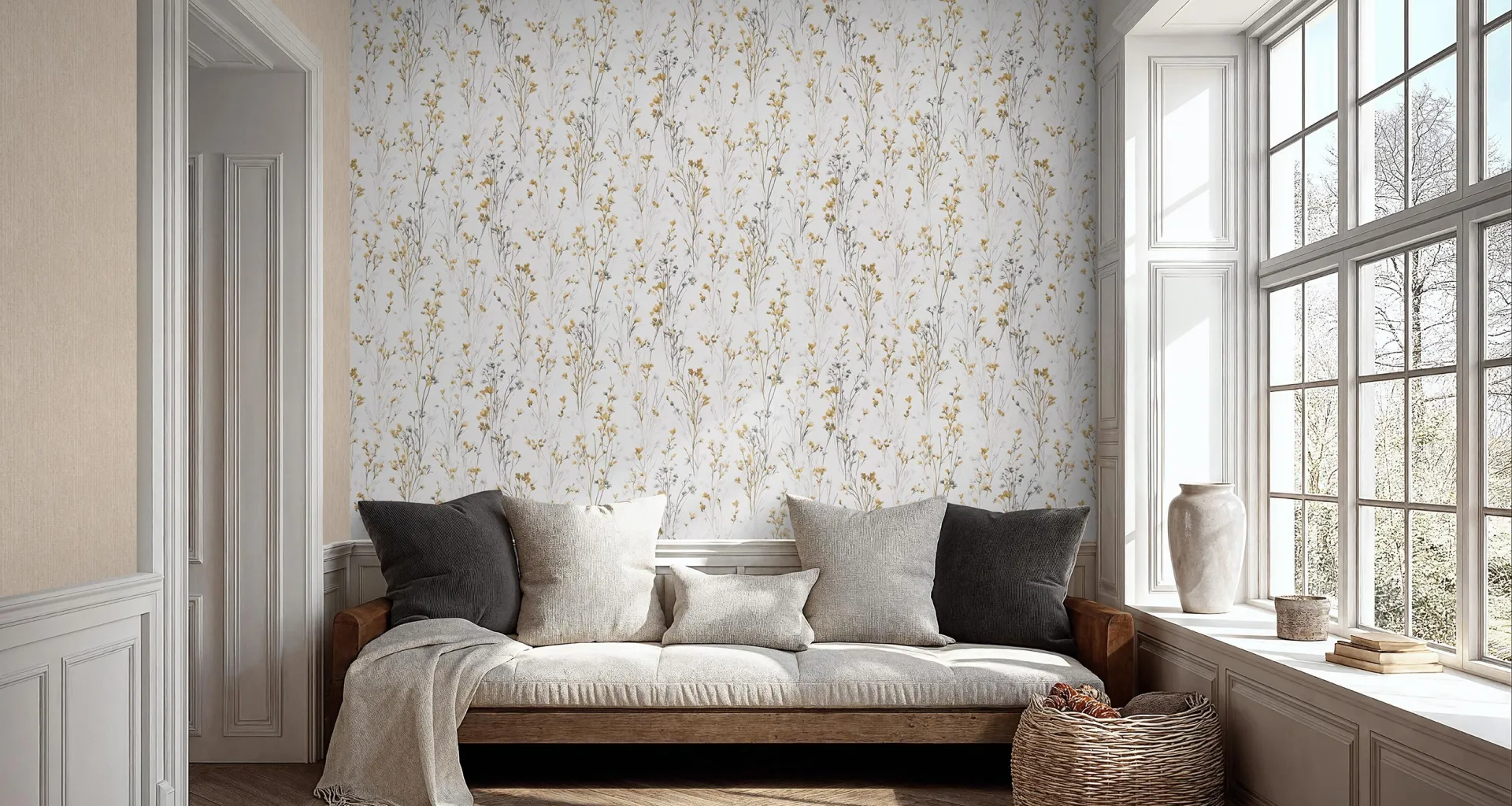 wohnraum in modernem Landhausstil, helles Sofa und Vliestapete mit zartem Gräsermotiv in Beige- und Gelbtönen