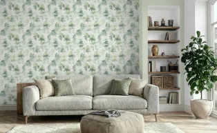 moderner Wohnraum mit Sofa und Vliestapete mit grünen Bäumen