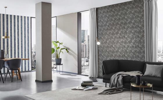 Modernes Wohnzimmer in Schwarz und Silber mit Vliestapeten in modernem Desing
