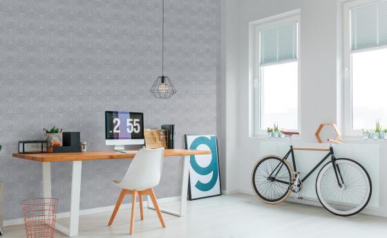 Modernes jundes Arbeitszimmer, Schreibtisch, Fahrrad, Vliestapete mit Kreis-Motiv in Silbergrau