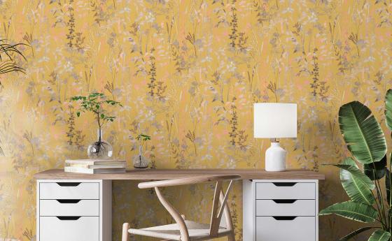 Arbeitszimmer Wandgestaltung mit Vliestapete, florales Motiv Cottage in sonnigem Gelb