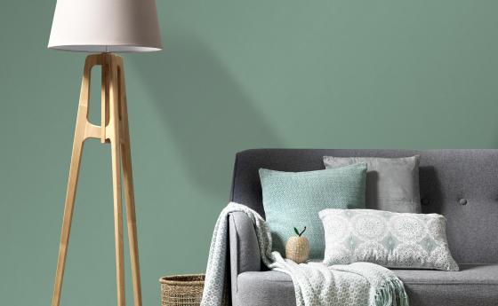 Vliestapete grüne Unistruktur Kollektion Colour Stories, Wohnzimmer Sofa Stehlampe