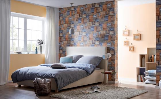 Modernes Schlafzimmer mit Wandgestaltung Vliestapete in Holzoptik