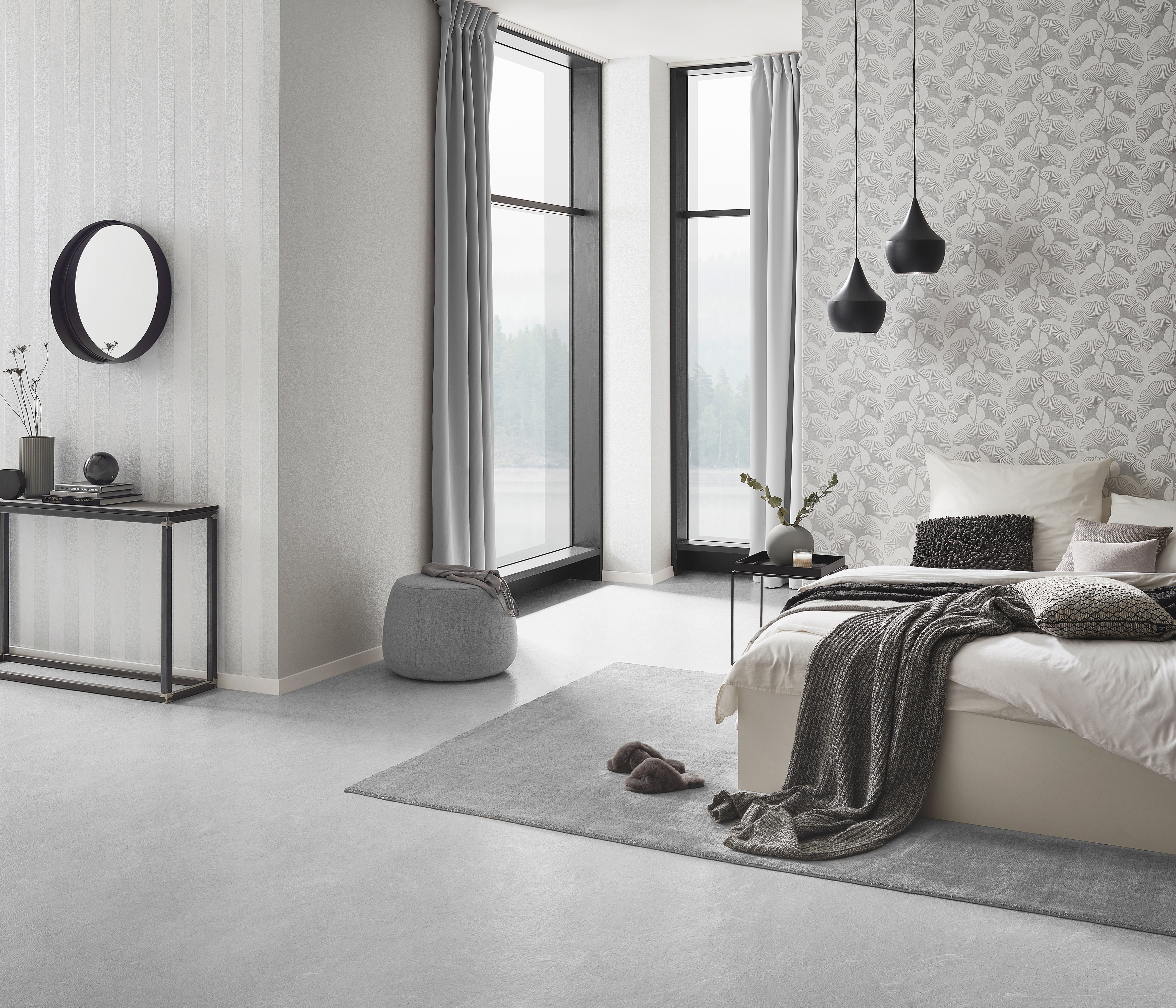 modernes Schlafzimmer mit Vliestapete in zartem Beige mit Ginko Motiv